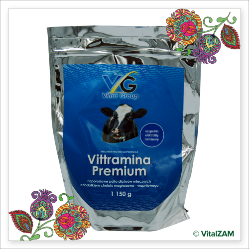  VITTRA VITTRAMINA PREMIUM, poporodowe pójło dla krów mlecznych z dodatkiem chelatu wapniowego i magnezowego, 1,15 kg